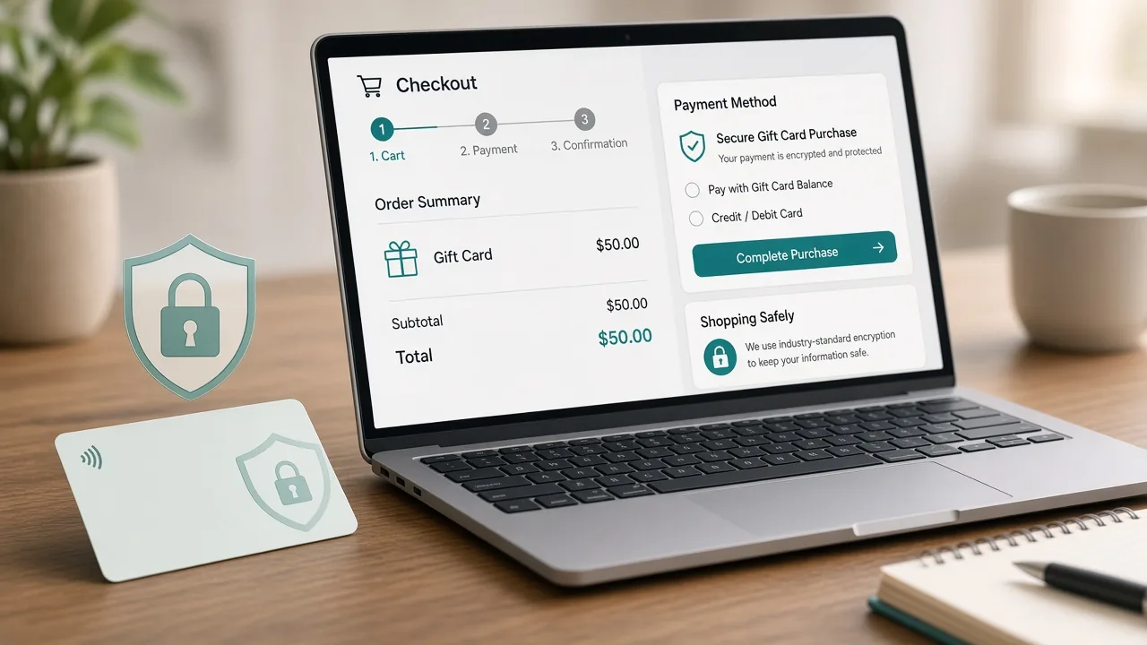 Tarjeta regalo protegida con un escudo de seguridad durante las compras online