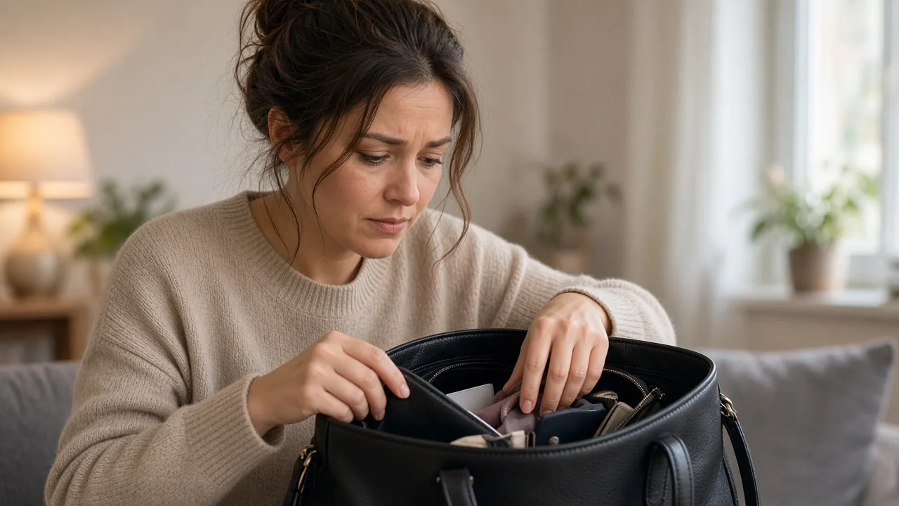 Person sucht in einer Handtasche nach einer fehlenden Geschenkkarte